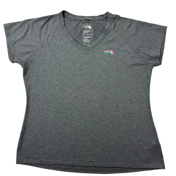 The North Face Women's XL XLARGE Flash Dry Short Sleeve V-Neck Gray W/Front Logo - Picture 9 of 16